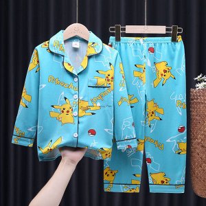 Детская пижама из искусственного шелка (Рубашка на пуговицах + брюки), принт "Пикачу", цвет голубой