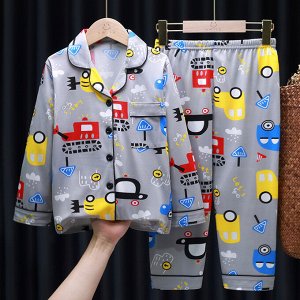 Детская пижама из искусственного шелка (Рубашка на пуговицах + брюки), принт "Техника", цвет серый