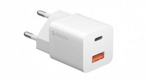 СЗУ-1USB Type-C + 1USB, Deppa PD 3.0, QC 3.0, GaN, 20Вт, белый, 11410