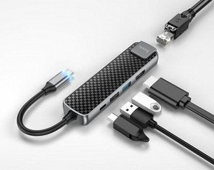 Type-C HUB Hoco HB23 (HDMI+USB3.0+USB2.0+RJ45+PD) серый recommended