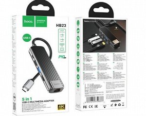 Type-C HUB Hoco HB23 (HDMI+USB3.0+USB2.0+RJ45+PD) серый