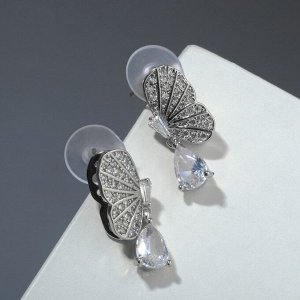 Серьги со стразами "Крылья" бабочка, цвет белый в серебре