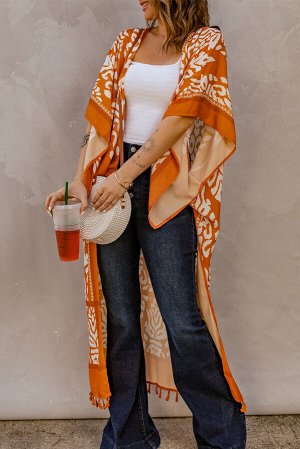 Оранжевая открытая накидка-кимоно с белыми узором и кисточками