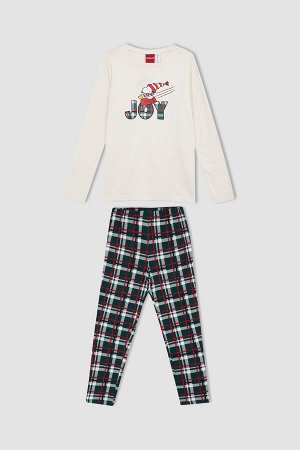 Пижамный комплект из хлопка с длинным рукавом и длинными рукавами в клетку с лицензией Snoopy для девочек