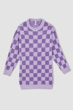 Трикотажный свитер с круглым вырезом и клетчатым узором для девочек