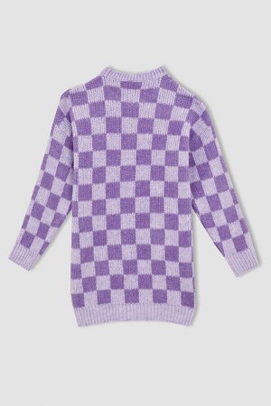 Трикотажный свитер с круглым вырезом и клетчатым узором для девочек
