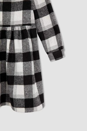 DEFACTO Платье-рубашка с длинными рукавами и воротником-поло для девочек с квадратным узором
