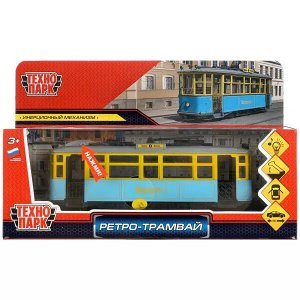 TRAMMC1-17SL-BU Машина металл свет-звук ТРАМВАЙ РЕТРО длина 17 см, двери, инерц, синий, кор. Технопарк в кор.2*36шт