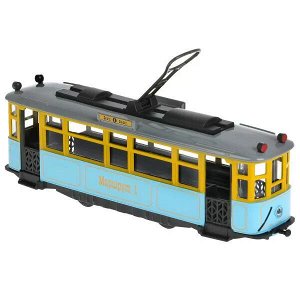 TRAMMC1-17SL-BU Машина металл свет-звук ТРАМВАЙ РЕТРО длина 17 см, двери, инерц, синий, кор. Технопарк в кор.2*36шт