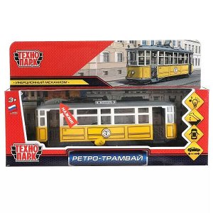 TRAMMC1-17SL-YE Машина металл свет-звук ТРАМВАЙ РЕТРО длина 17 см, двер, инерц, желтый, кор. Технопарк в кор.2*36шт