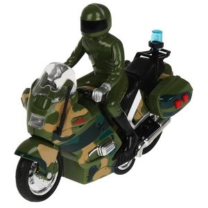 MOTOFIG-15PLMIL-GN Модель пластик свет-звук МОТОЦИКЛ ВОЕННЫЙ 15 см, 2 кноп, инерц, камуф, кор. Технопарк в кор.2*24шт