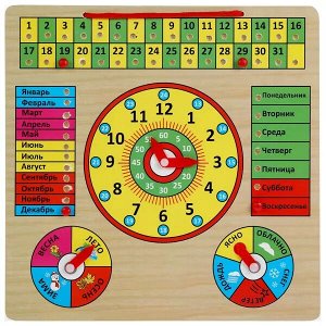W0164 Игрушка деревянная вкладыш календарь и часы Буратино в кор.72шт