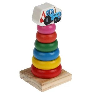 W005-STR Игрушка деревянная Синий ТРАКТОР пирамида Буратино в кор.180шт