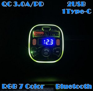 Автомобильное мультифункциональное зарядное устройство 2*USB + Type-C + FM-тансмиттер, 18W 3.1A, черный, дисплей,Bluetooth,FM/USB LED 7 Color