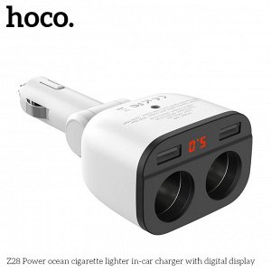 Автомобильное зарядное устройство HOCO Z28 Power Ocean, 2*USB+2*прикуриватель, 3.1A, 2*80 Вт, белый, дисплей
