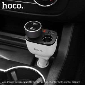 Автомобильное зарядное устройство HOCO Z28 Power Ocean, 2*USB+2*прикуриватель, 3.1A, 2*80 Вт, белый, дисплей