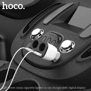 NEW ! Автомобильное зарядное устройство HOCO Z28 Power Ocean, 2*USB+2*прикуриватель, 3.1A, 2*80 Вт, белый, дисплей