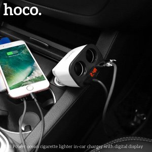 Автомобильное зарядное устройство HOCO Z28 Power Ocean, 2*USB+2*прикуриватель, 3.1A, 2*80 Вт, белый, дисплей