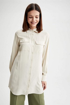 Туника-рубашка из вискозы с длинными рукавами и двумя карманами Relax Fit