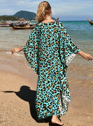 Свободное пляжное платье с V-образным вырезом, голубой леопард