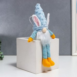 Кукла интерьерная свет "Гном в шапке с зайчьими ушами, длинные ножки" голубой 30х8 см