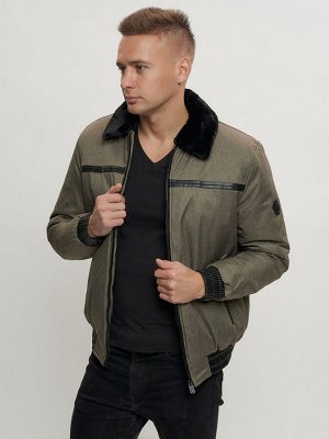 Куртка классическая с мехом мужская цвета хаки 2917Kh