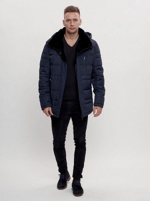 Куртка классическая с мехом мужская темно-синего цвета 3166TS