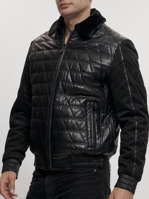 Классическая куртка кожанные мужская черного цвета 2499Ch