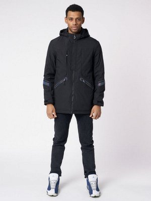 Куртка мужская удлиненная с капюшоном черного цвета 88611Ch