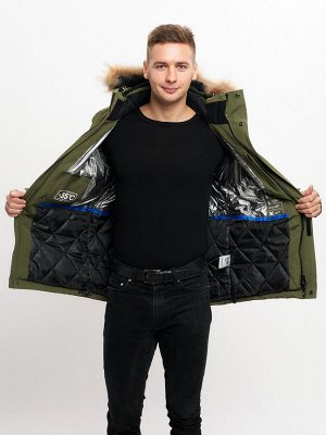 Куртка зимняя мужская удлиненная с мехом хаки цвета 2159-1Kh