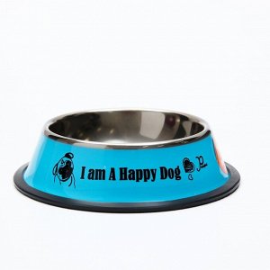 Миска железная с нескользящим основанием "I am Happy Dog", синяя, 15 х 3,5 см, 230 мл