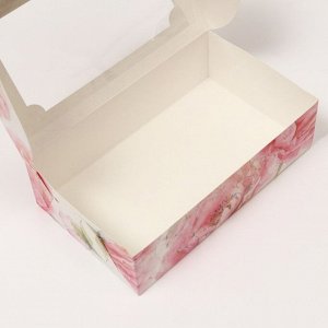 Коробка складная под зефир с окном "Розовые цветы", 25 х 15 х 7 см