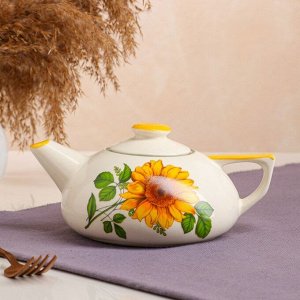 Чайник для заварки "Плоский", белый, деколь цветы, керамика, 0.75 л, микс