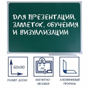 Доска магнитно-меловая, 60х90 см, ЗЕЛЁНАЯ, Calligrata СТАНДАРТ, в алюминиевой рамке, с полочкой