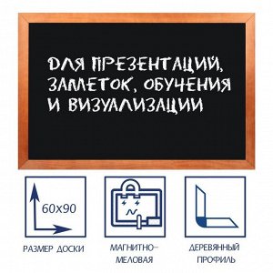 Доска магнитно-меловая 60х90 см, ЧЕРНАЯ, Calligrata, в деревянной рамке (морилка темная)