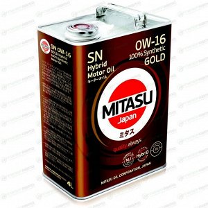 Масло моторное Mitasu Gold 0w16, синтетическое, API SN, для бензинового двигателя, 4л, арт. MJ-106/4