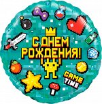 13353 Шар-круг, фольга, 18&quot;/46 см,  ДР &quot;Геймер. Пиксели. Game Time&quot; (Falali), инд. уп.