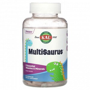 KAL, Dinosaurs, MultiSaurus, витамины и минералы, со вкусом ягодного ассорти, 90 жевательных таблеток
