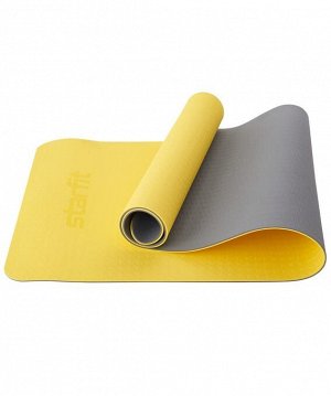 Коврик для йоги и фитнеса FM-201, TPE, 173x61x0,7 см, желтый/серый
