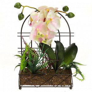 Цветочная композиция "Орхидея" 26см, в металлическом кашпо 15х6,5см h22см, цвет бело-розовый (Китай)