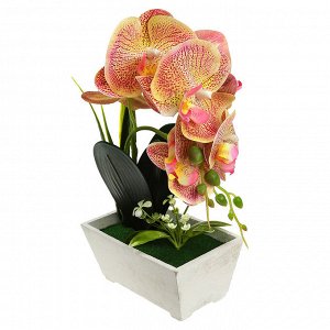 Цветочная композиция "Орхидея" 28см, в деревянном кашпо 15,5х9,5см h7см, цвет желто-сиреневый (Китай)