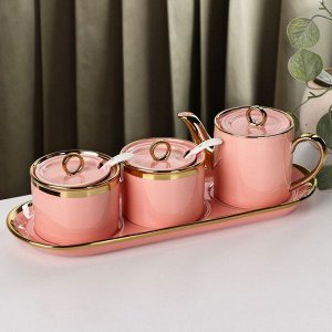 Набор сервировочный «Акварель», 3 предмета, чайник, 2 сахарницы с ложкой, цвет розовый