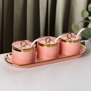Набор банок на керамической подставке «Акварель», 3 шт, с ложками, на подставке, цвет розовый