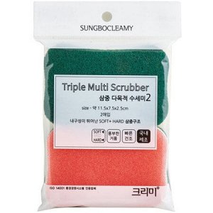 SUNG BO CLEAMY Многослойная губка для мытья посуды &quot;Triple Filter Scrubber Soft &amp; Hard&quot; с абразивным и полиуретановым покрытием (средней жёсткости) (11,5 х 7,5 х 2,5 см) х 2 шт.