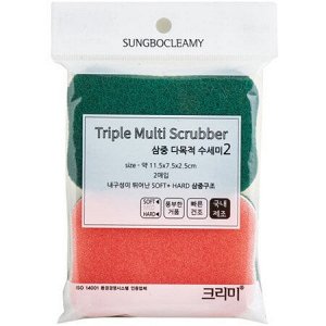 Многослойная губка для мытья посуды "Triple Filter Scrubber Soft & Hard" с абразивным и полиуретановым покрытием (средней жёсткости)  (11,5 х 7,5 х 2,5 см) х 2 шт. / 200