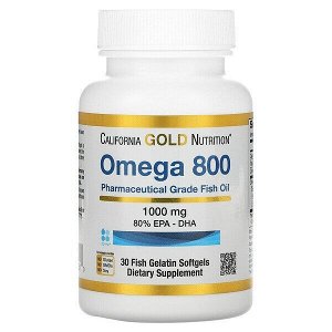 California Gold Nutrition, омега 800, рыбий жир фармацевтической степени чистоты, 80% ЭПК/ДГК, в форме триглицеридов, 1000 мг, 30 рыбно-желатиновых капсул