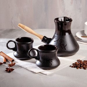 Кофейный набор, 3 предмета: турка с деревянной ручкой 0.65 л, чашки 0.2 л