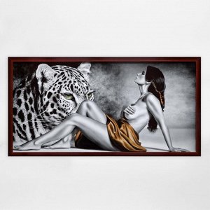 Картина "Девушка и леопард" 56х106см рамка микс
