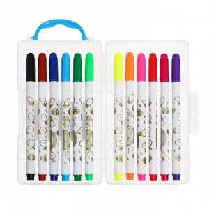 Фломастеры, 12 цветов, в пластиковом пенале с ручкой, вентрилируемый колпачок, "Мышка"