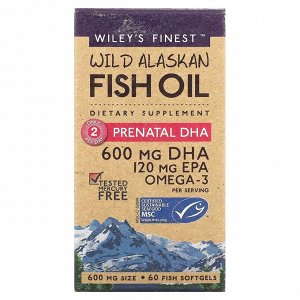 Wiley's Finest, Аляскинский рыбий жир, пренатальная ДГК, 600 мг, 60 рыбных  мягких капсул